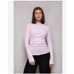 Rodebjer Columbina Shirt Womens Small Pink Sheer Mock Neck Ruffle Jersey Top